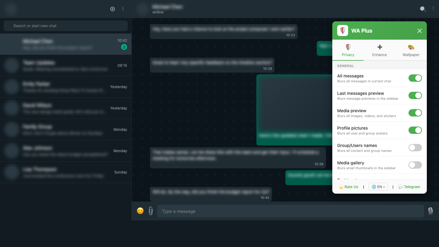 WhatsApp Web with WA Web Plus privacy blur features active — messages, media, and names are blurred for privacy
